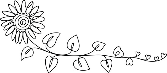 Continuous one line drawing of beautiful sunflower with long vine stem leaves and small hearts isolated on white background. © ASDF