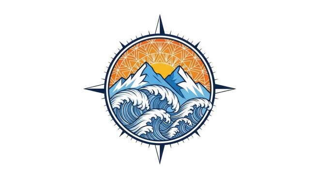 Compass rose with snow-capped mountains and ocean waves logo.