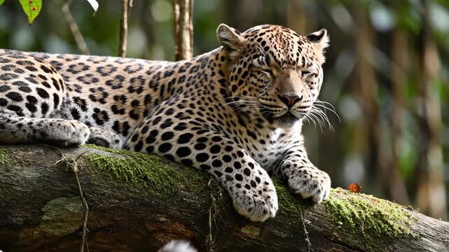 Majestic Clouded Leopard Rests Camouflaged on a Moss-Covered Tree Branch in a Lush Forest Setting