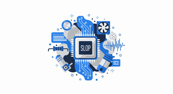 SLOP Concept Illustration for AI Low-Quality Content, Digital Waste and Computer Technology Vector with CPU, Fan, Circuits and Electronic Components