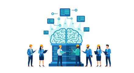Naklejka premium Artificial Intelligence Concept: Diverse Team of Engineers Working on AI Infrastructure, Neural Network, and Machine Learning Data Server Illustration