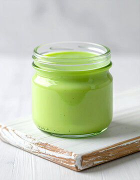 Green pandan kaya custard on white wooden board, tasty food, dessert and cafe concept. Close-up.