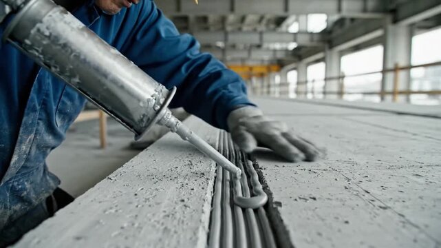 Skilled construction worker meticulously applies sealant to a concrete joint using a caulking gun in an industrial setting