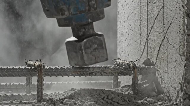 Powerful pneumatic hammer demolishes concrete structure, driving rebar with forceful impact during construction.