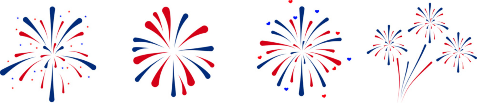 Set of patriotic firework bursts isolated on white, red and blue firework explosions celebration vector, fourth of july holiday sparklers decoration