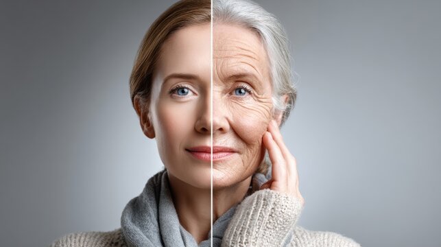 Split image showing younger and older versions of a woman with gray hair and blue eyes