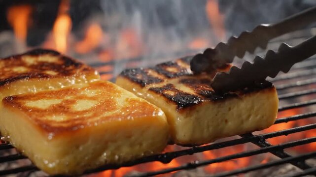 Close-up of golden brown cheese squares (queijo coalho) being flipped on a grill, bubbling texture, charred edges, appetizing, loop.