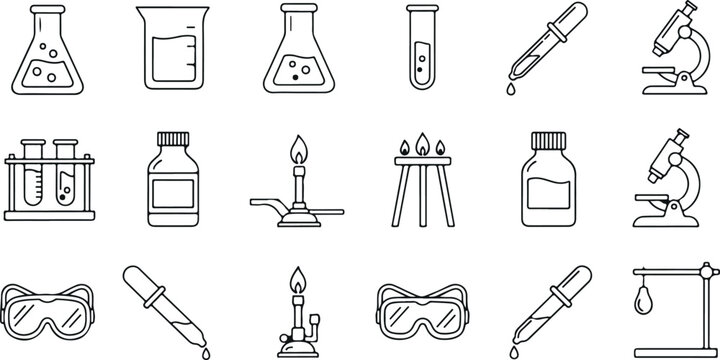Laboratory chemistry equipment line icons set including beaker flask test tube microscope dropper burner goggles vector collection
