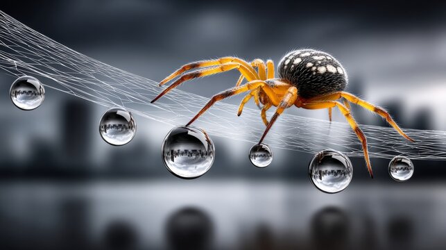 A spider skillfully crafts its delicate web while dew droplets shimmer like jewels, set against a foggy city skyline