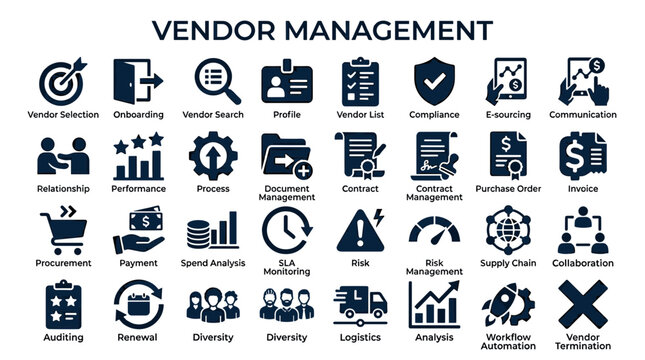 Vendor Management Icons Set for Business Strategy and Procurement Operations