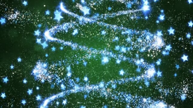 Glowing Blue Star Particles with Sparkling Stardust Trails on Green Background