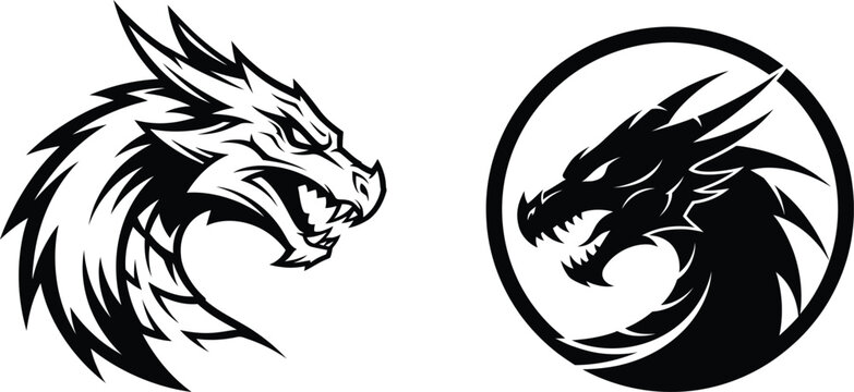 Silhouette dragon vector logo set featuring mythical creature head designs