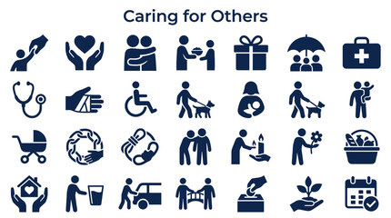 Fototapeta premium Collection of icons representing care compassion support and community services illustrating diverse acts of kindness and assistance for people and animals