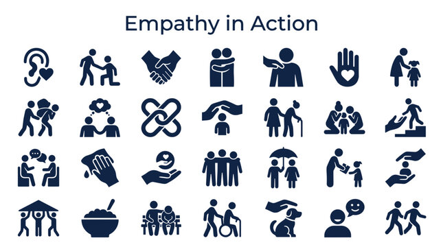 Empathy in action conceptual icons depicting care compassion kindness helping support and human connection in relationships and community