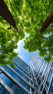 Sustainable finance esg investing green tree canopy urban skyline upward view modern glass building blue sky for clean future