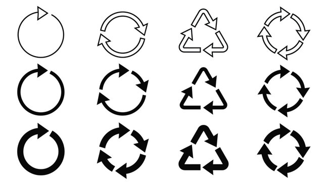 Collection of circular and triangular arrow vector graphic icons representing recycling and refresh actions