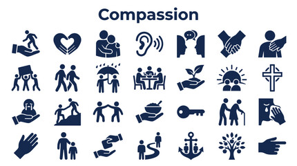 Fototapeta premium Collection of compassion and kindness icons representing empathy support and human connection in a dark blue silhouette style on a white background