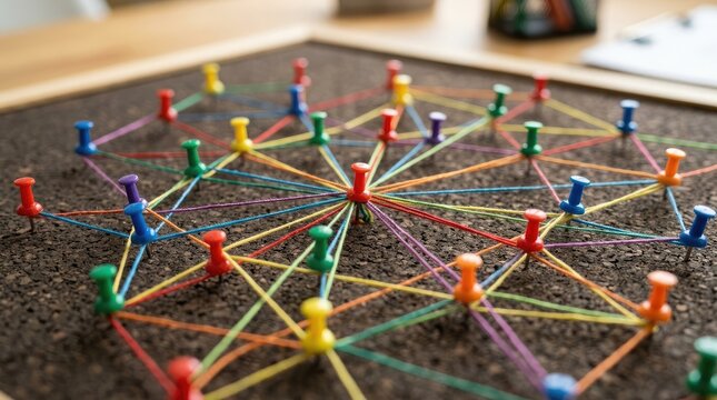 A person creates a network diagram using colorful pins and string on a corkboard. The pins are arranged in a complex web, connecting to a central point.