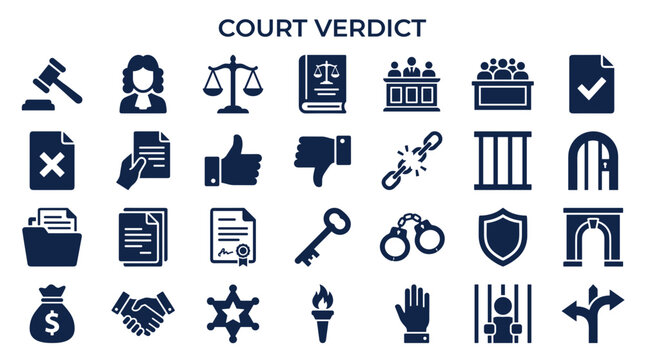 Courtroom icons representing justice legal system and law concepts like verdict judgment and evidence