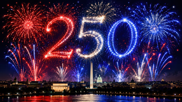 A grand fireworks display exploding in red, white, and blue over a dark American city skyline silhouette.