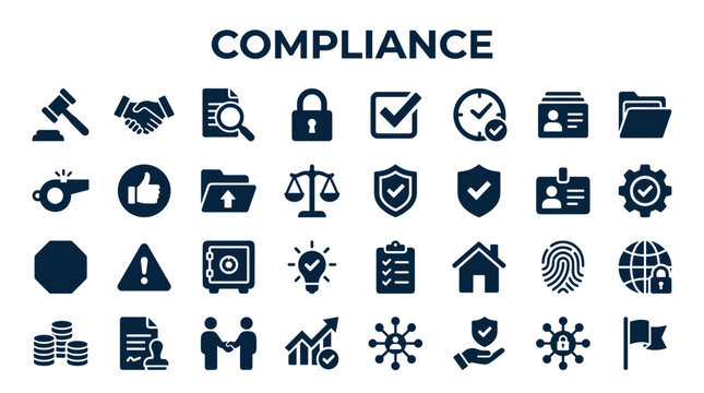 Compliance concept icons representing law regulation legal agreement security safety and corporate governance with business symbols on white background