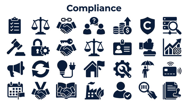 Collection of compliance icons representing legal business and regulatory concepts with icons for law finance security and strategy development