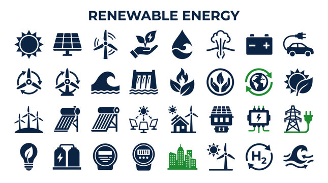 Renewable energy icons set depicting solar wind hydro geothermal and other green power sources for sustainable future and eco friendly concept