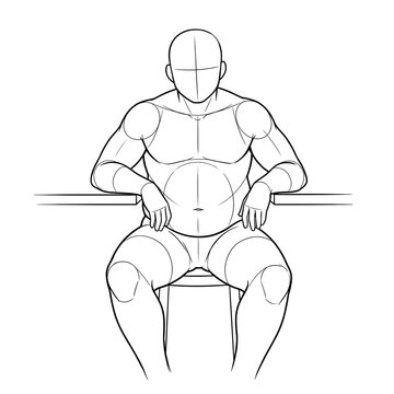 Hand drawn sketch of plus size male body base sitting at a table, slouched back in a relaxed pose front view isolated on white background. Black ink line art anime illustration.