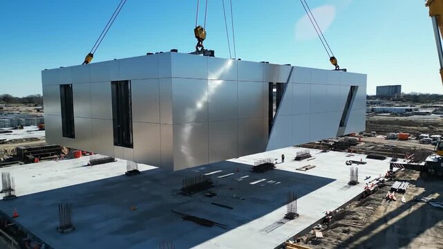Modern prefabricated module being precisely hoisted into place by cranes on a construction site under bright sunlight
