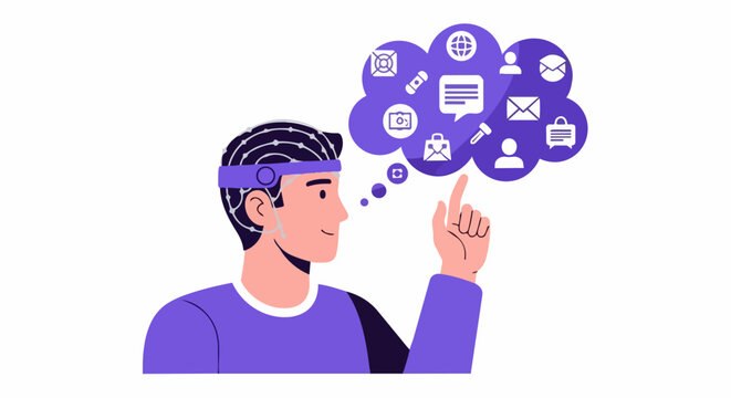 Brain Computer Interface Vector Illustration of Man Using Neurotechnology for Digital Interaction and Communication