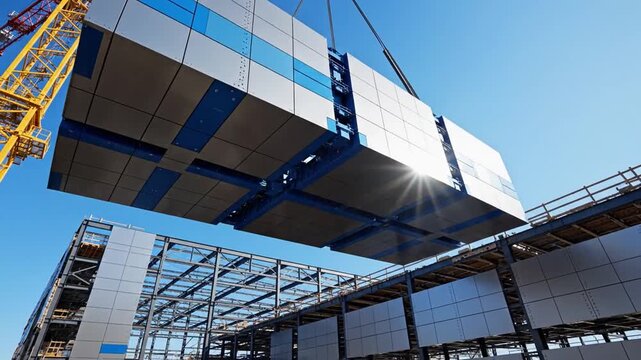 Massive prefabricated building section being lifted into place by a large crane on a clear blue sky day.