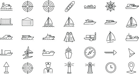 Marine navigation and nautical transport line icons set including ship boat sailboat lighthouse anchor compass vector collection © Mst