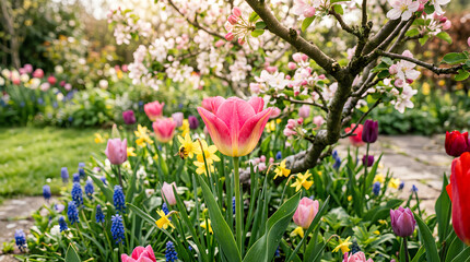 Fototapeta premium Vibrant spring garden scene featuring colorful tulips and blossoms in full bloom.