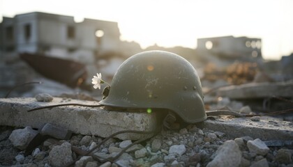 Obraz premium Desolate War Scene With Helmet Resting on Rubble.