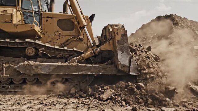 Powerful Yellow Bulldozer Pushing Earth With Strong Force In A Construction Site