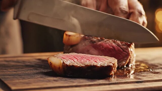Extreme close-up of a sharp knife slicing a juicy grilled picanha steak, visible pink meat texture, seared crust, smoke rising, cinematic lighting, loop.
