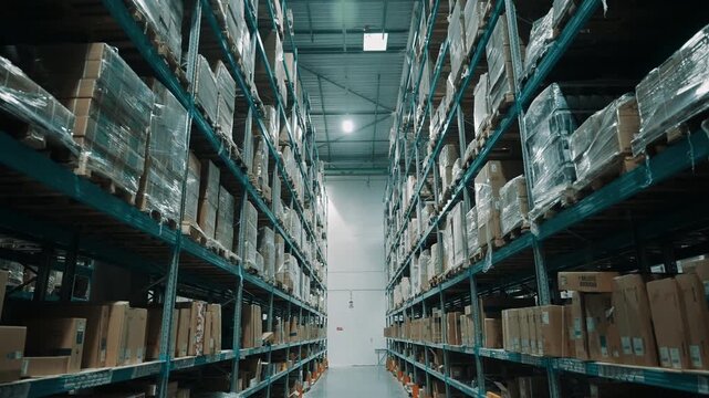 Expansive industrial warehouse aisle with towering steel racks stacked with shrink-wrapped pallets and cardboard boxes under bright overhead lighting for logistics operations