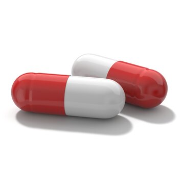 3D rendering of a white and red color capsule pill on a white background.
