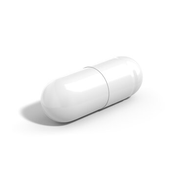3D rendering of a white capsule pill on a white background.