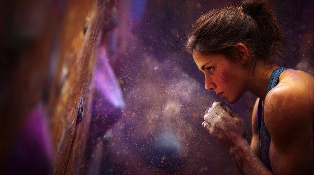 Determined young woman preparing for indoor climbing session with chalk dust exploding around her hands