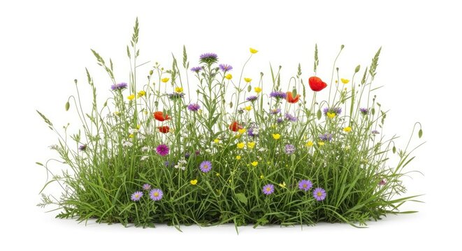 A vibrant wildflower meadow rests on a white surface. The grass is lush and green, interspersed with a colorful array of wildflowers including poppies, daisies, and blue flax.