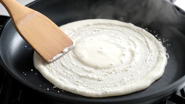 close-up of golden buttery manioc flour being tossed in a rustic iron pan, vibrant textures, authentic Brazilian cooking, professional kitchen lighting.