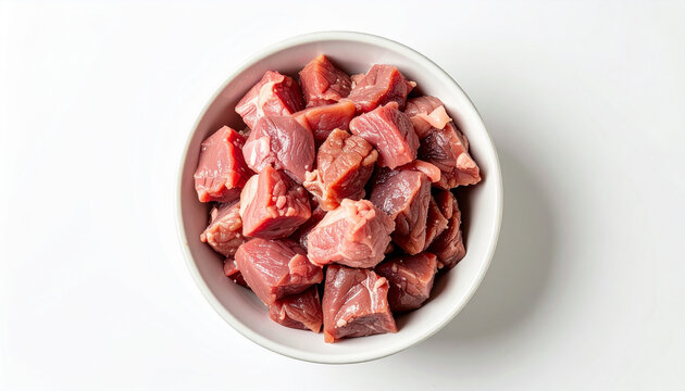 Bowl filled with raw beef meat pieces, fresh and tasty food, isolated on white background, product advertising style. Close-up.