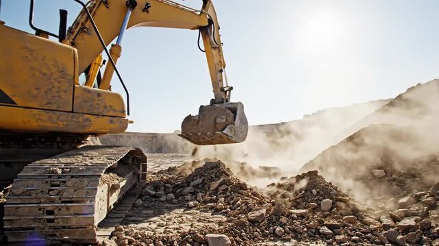 Powerful yellow excavator digging into the earth with a cloud of dust rising under a bright sun.