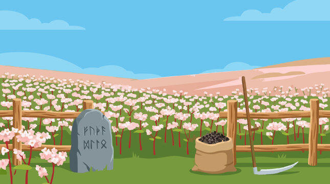 Viking Rune Stone in Blooming Flower Field with Farm Tools Flat