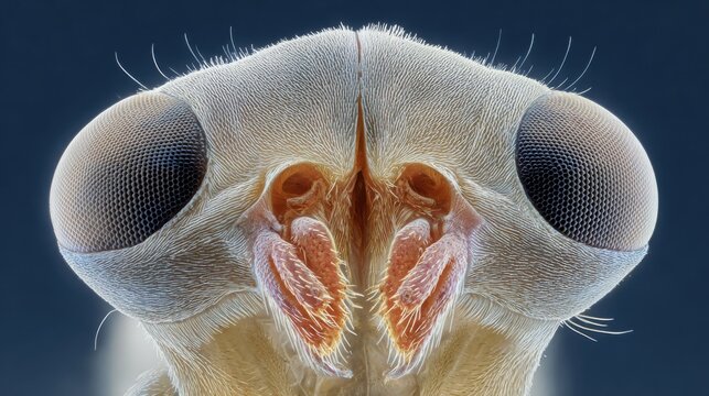 Extreme Macro Photograph of a Mosquito Head Showcasing Intricate Compound Eyes and Detailed Mouthparts