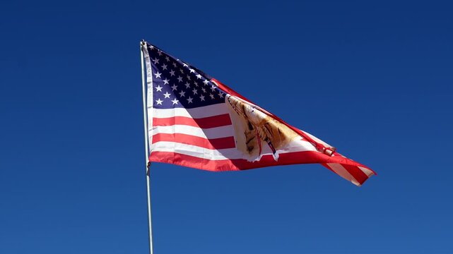 American flag featuring a portrait of a native american chief fluttering against a clear blue sky, symbolizing the blend of indigenous heritage and national pride on navajo nation land in arizona