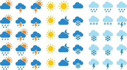 Obraz premium Weather Icons Set — Flat Style Meteorology Symbols Collection with Sun, Rain, Storm, Snow, Cloud and Moon Vector Illustration