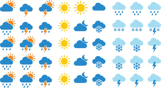 Weather Icons Set &mdash; Flat Style Meteorology Symbols Collection with Sun, Rain, Storm, Snow, Cloud and Moon Vector Illustration