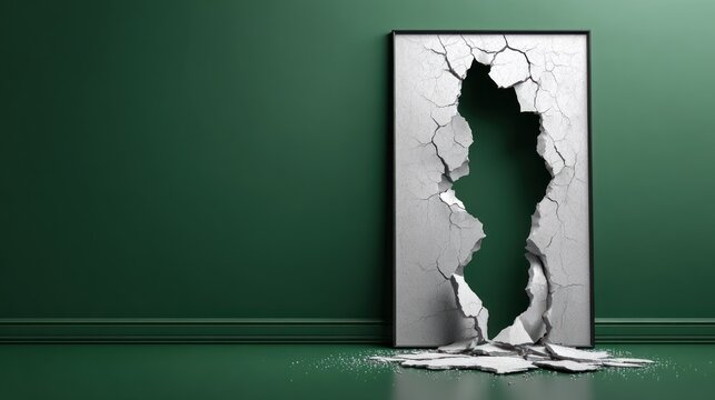 Cracked white panel revealing deep green background space through vertical rupture